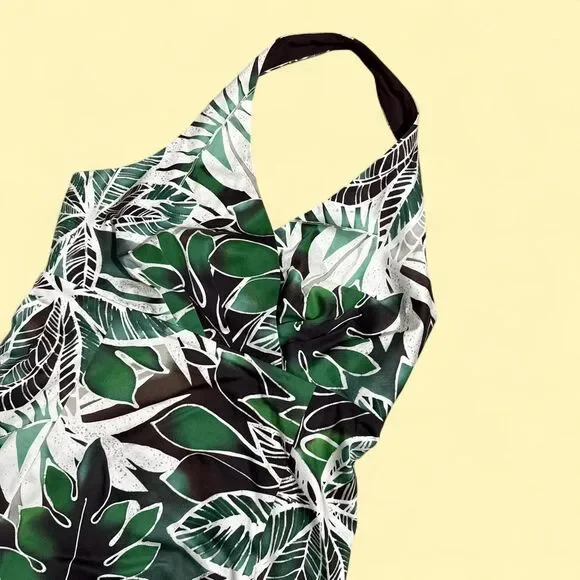 Tropical Leaf Halter Dress | Green White Black | Size 8P | Jones New York - Picture 3 of 7